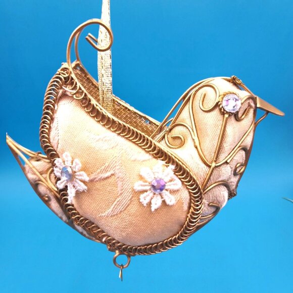 Victorian Bird Ornament Tapestry Gold Beaded Frame Rhinestone Flowers Drop Bead - Picture 3 of 9